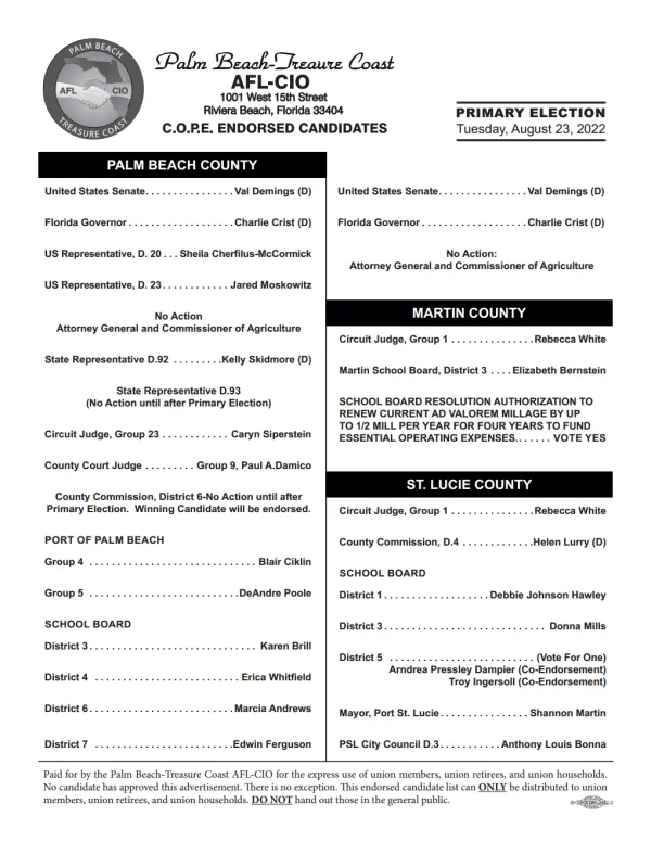 2022 Aug. 23rd Primary Election Palm Card