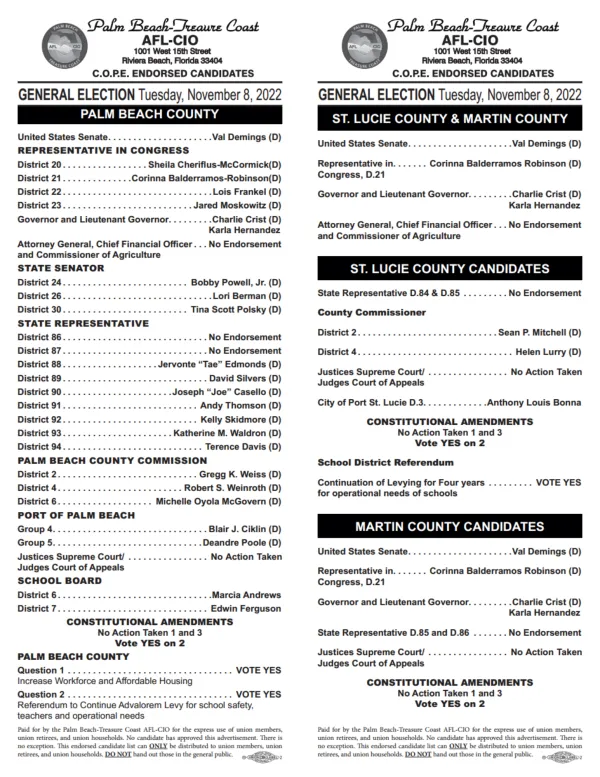 2022 PBTC Palm Card General Election Nov. 8th